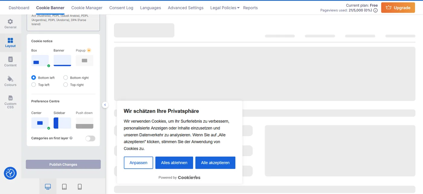 CookieYes Banner-Konfigurator mit Layout-Auswahl
