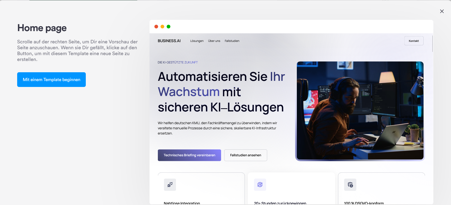 Onepage Vorlagen-Auswahl mit Live-Vorschau und Button „Mit einem Template beginnen"
