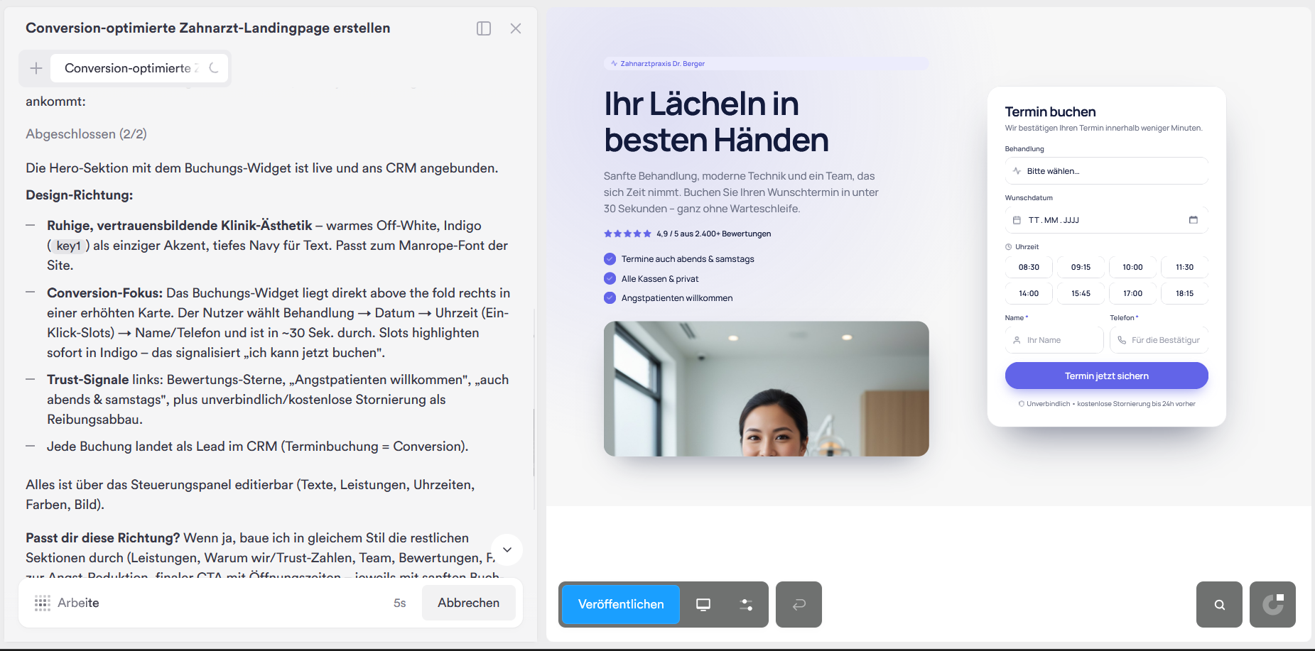 Generierte Zahnarzt-Hero-Sektion mit Termin-Buchungswidget