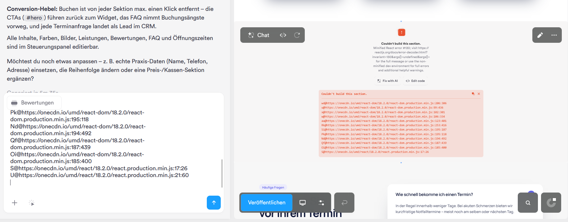 Build-Fehler einer Sektion mit „Fix with AI" und Fehlercode im KI-Chat