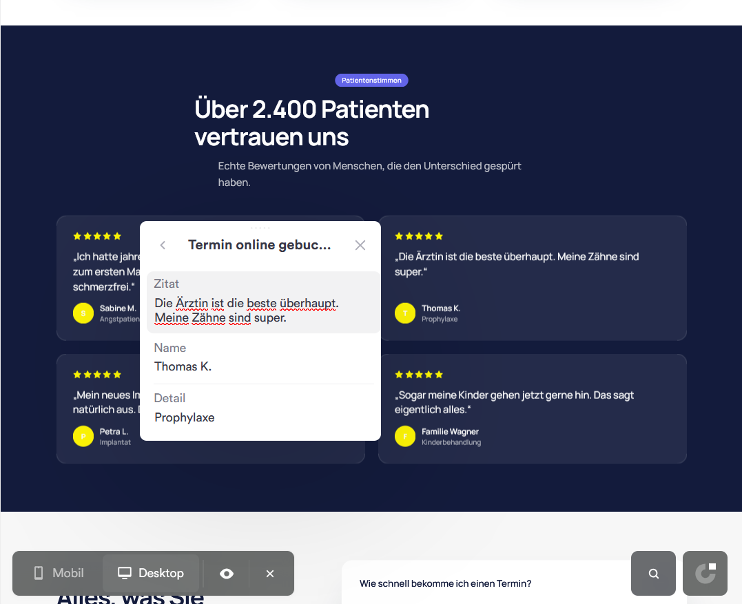 Inline-Bearbeitungsmodul für eine Bewertung (Zitat, Name, Detail)