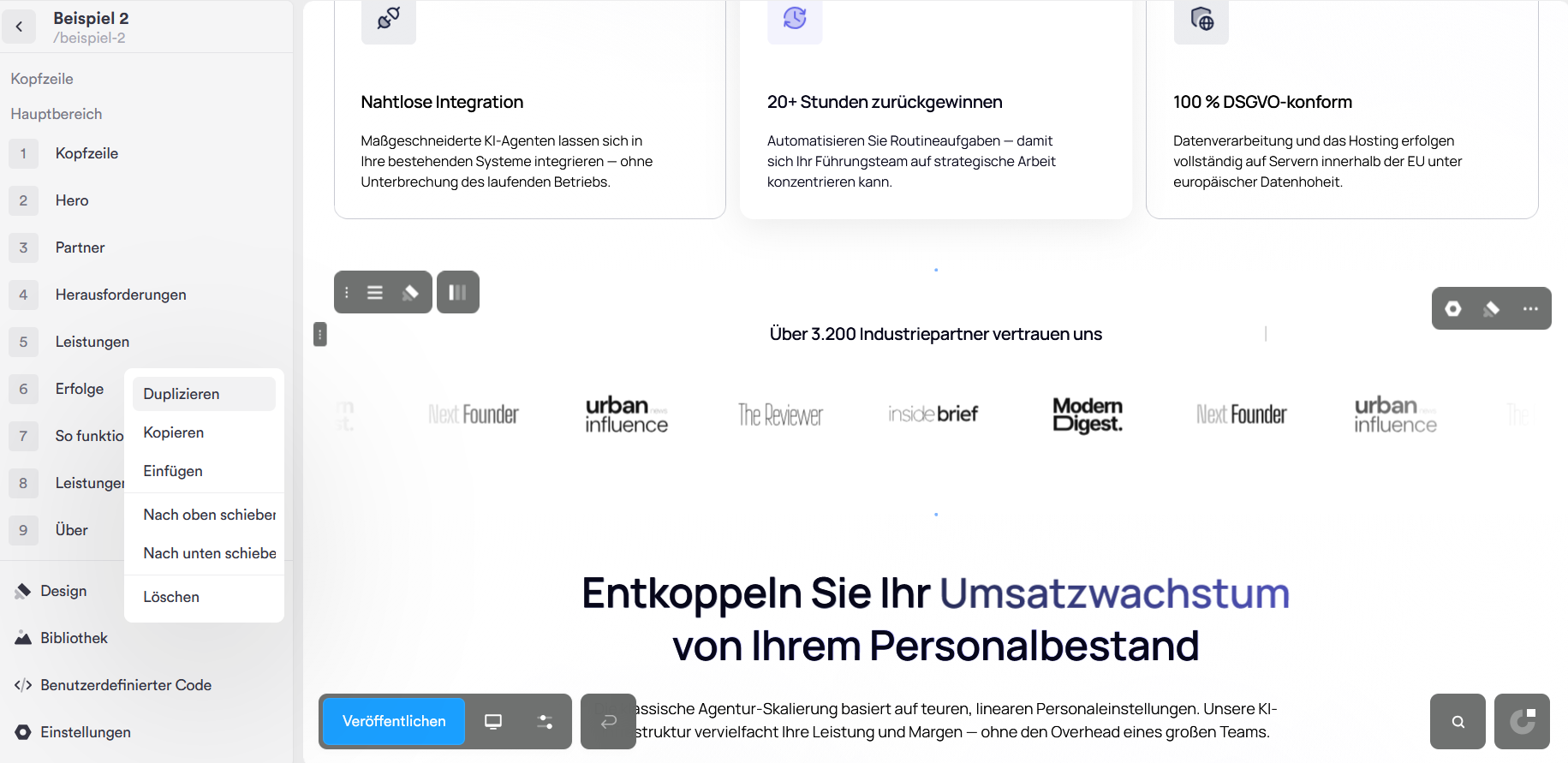Sektionen verschieben, duplizieren, einfügen und löschen