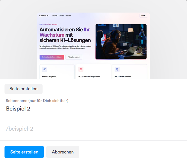 Neue Seite im Projekt anlegen — Seitenname und URL vergeben