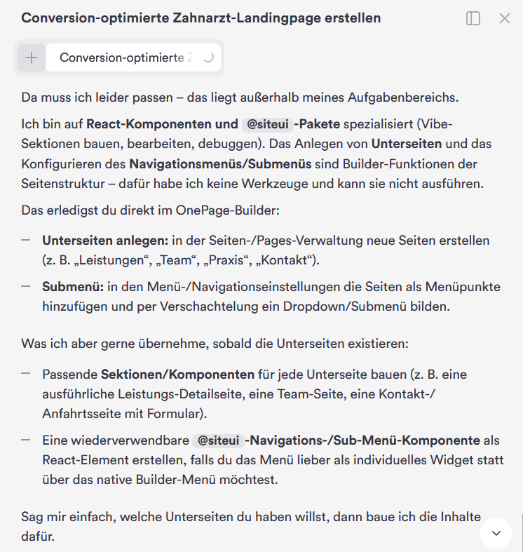 KI-Chat verweist auf die passende Builder-Funktion für Unterseiten und Navigation