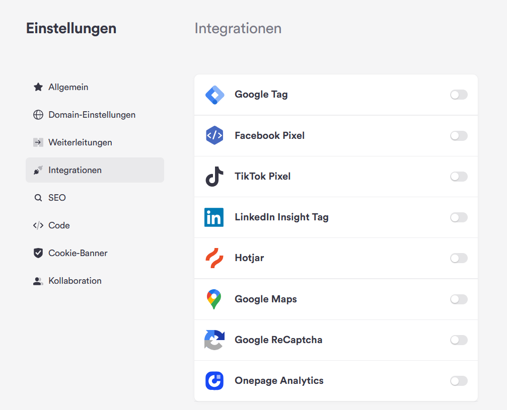 Integrationen-Einstellungen mit Google Tag, Meta/TikTok/LinkedIn Pixel, Hotjar, Maps, ReCaptcha, Onepage Analytics