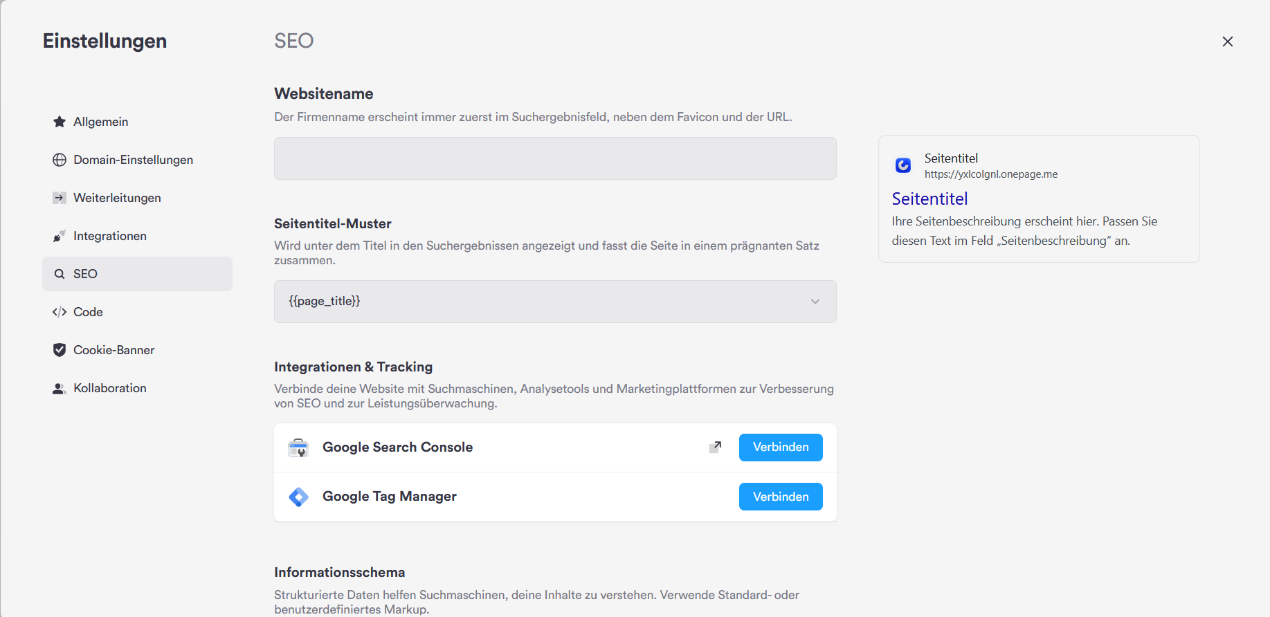 SEO-Einstellungen mit Websitename, Seitentitel-Muster, Search Console, Schema, Sitemap, Robots.txt und LLMs.txt