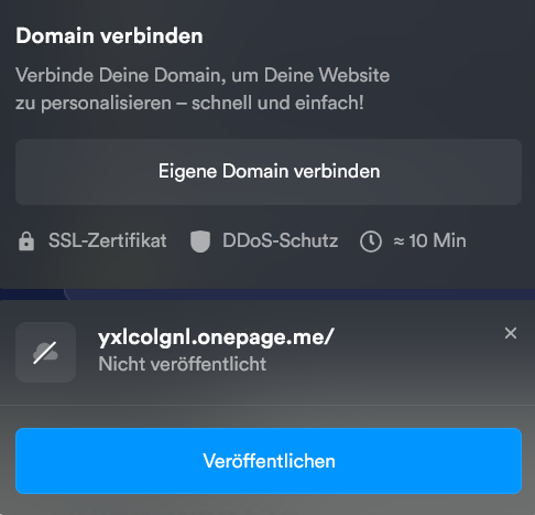 Veröffentlichen-Dialog: Onepage-Subdomain oder eigene Domain verbinden
